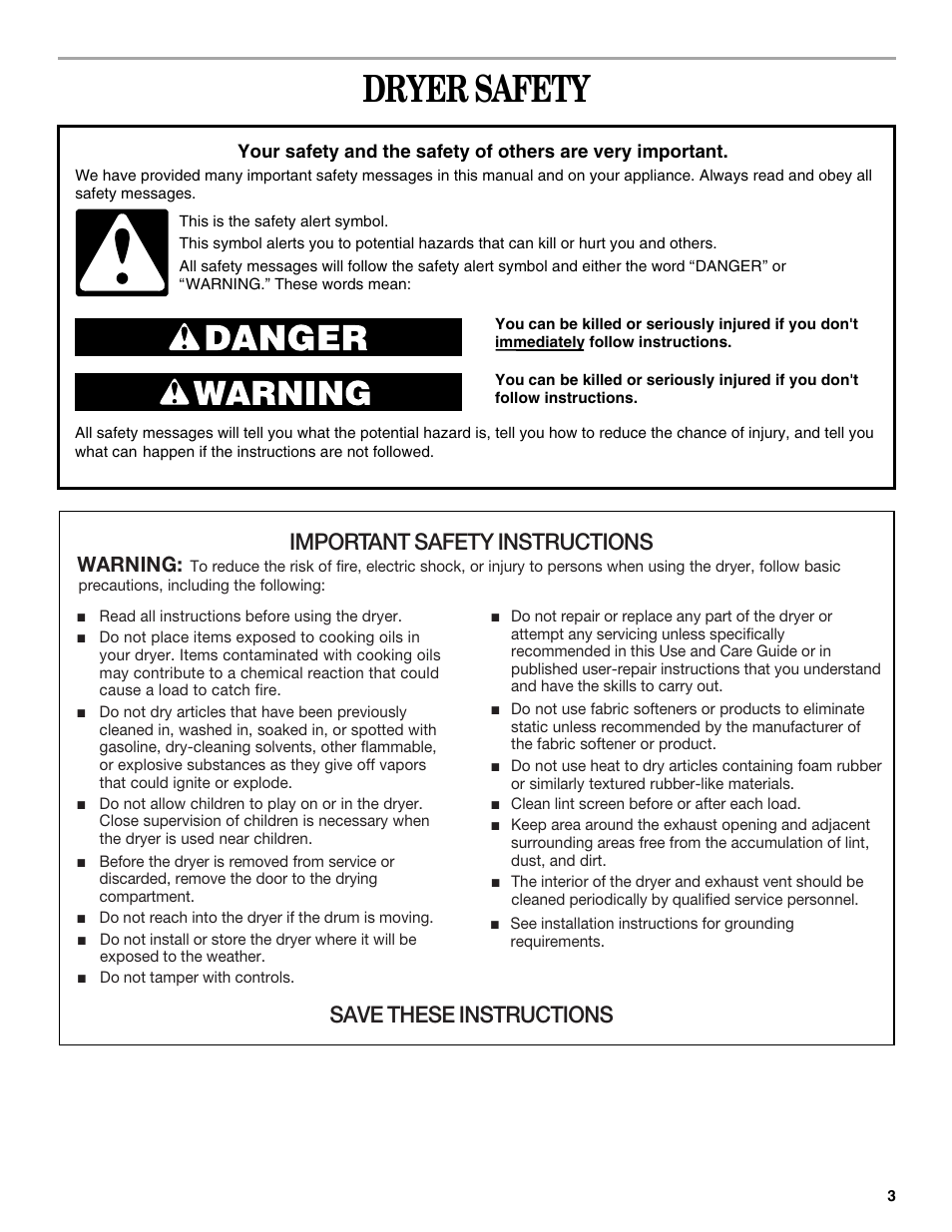 Dryer safety, Important safety instructions, Save these instructions | Warning | Whirlpool 8533582 User Manual | Page 3 / 24