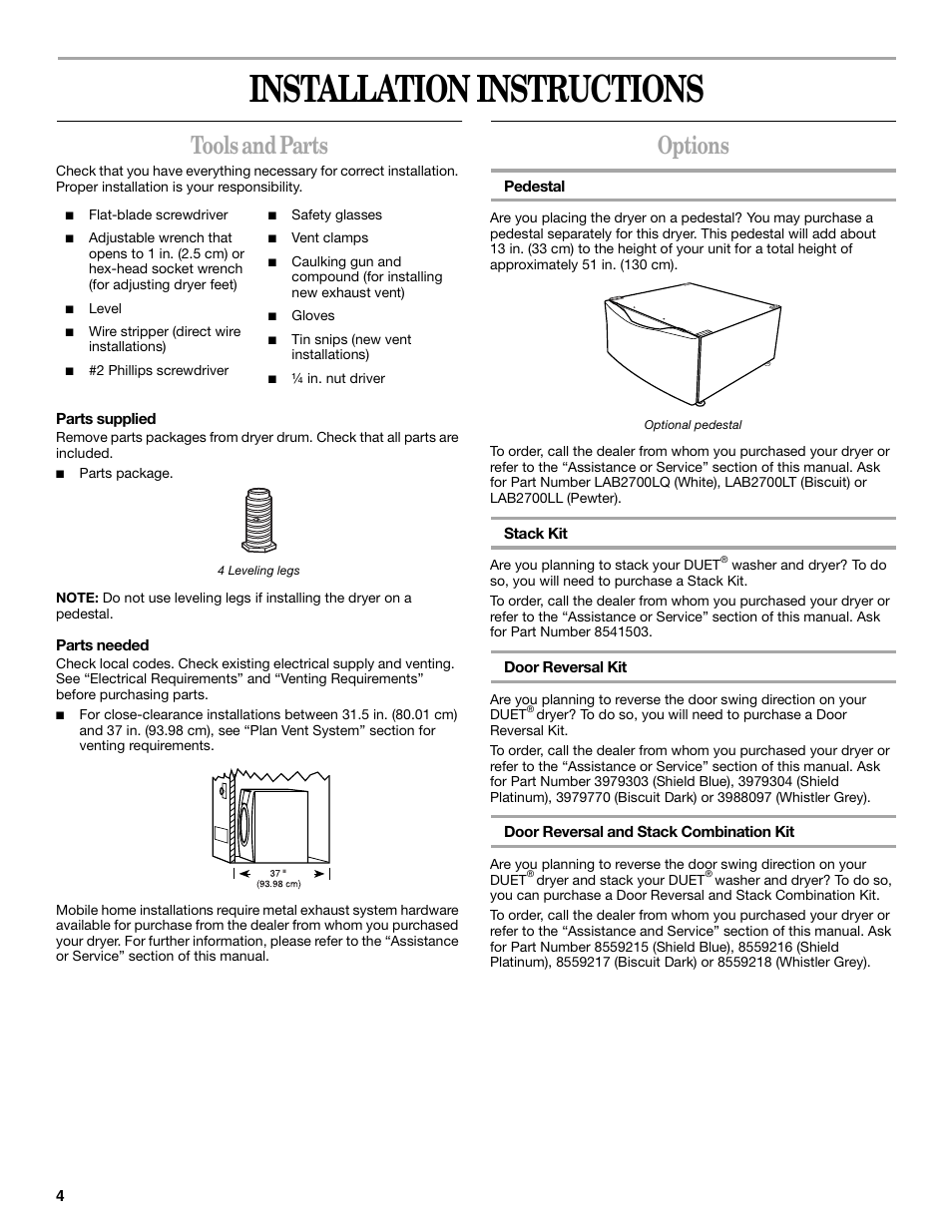 Installation instructions, Tools and parts, Options | Whirlpool 8533582 User Manual | Page 4 / 24