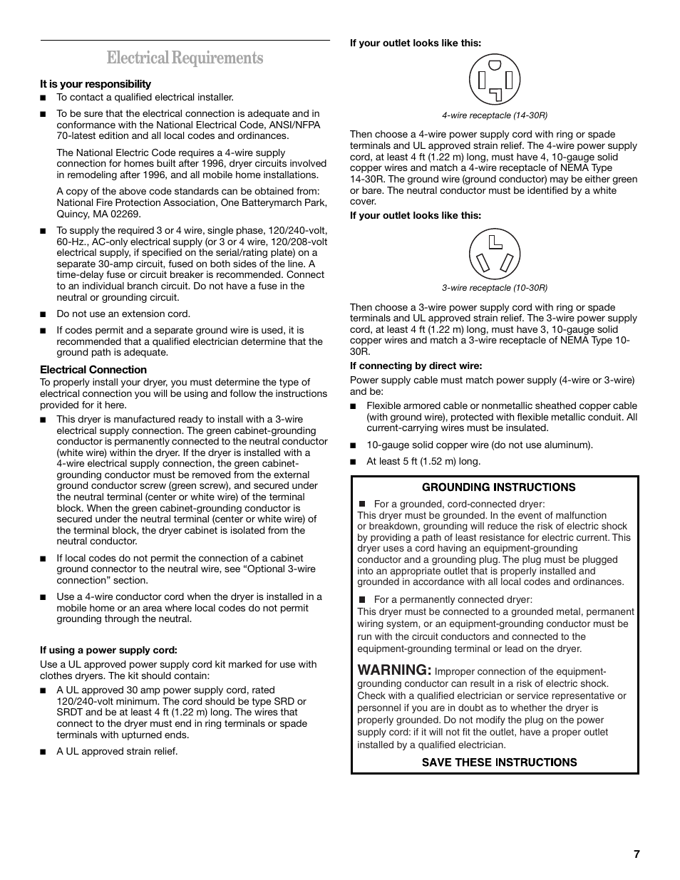 Electrical requirements, Warning | Whirlpool 8533582 User Manual | Page 7 / 24