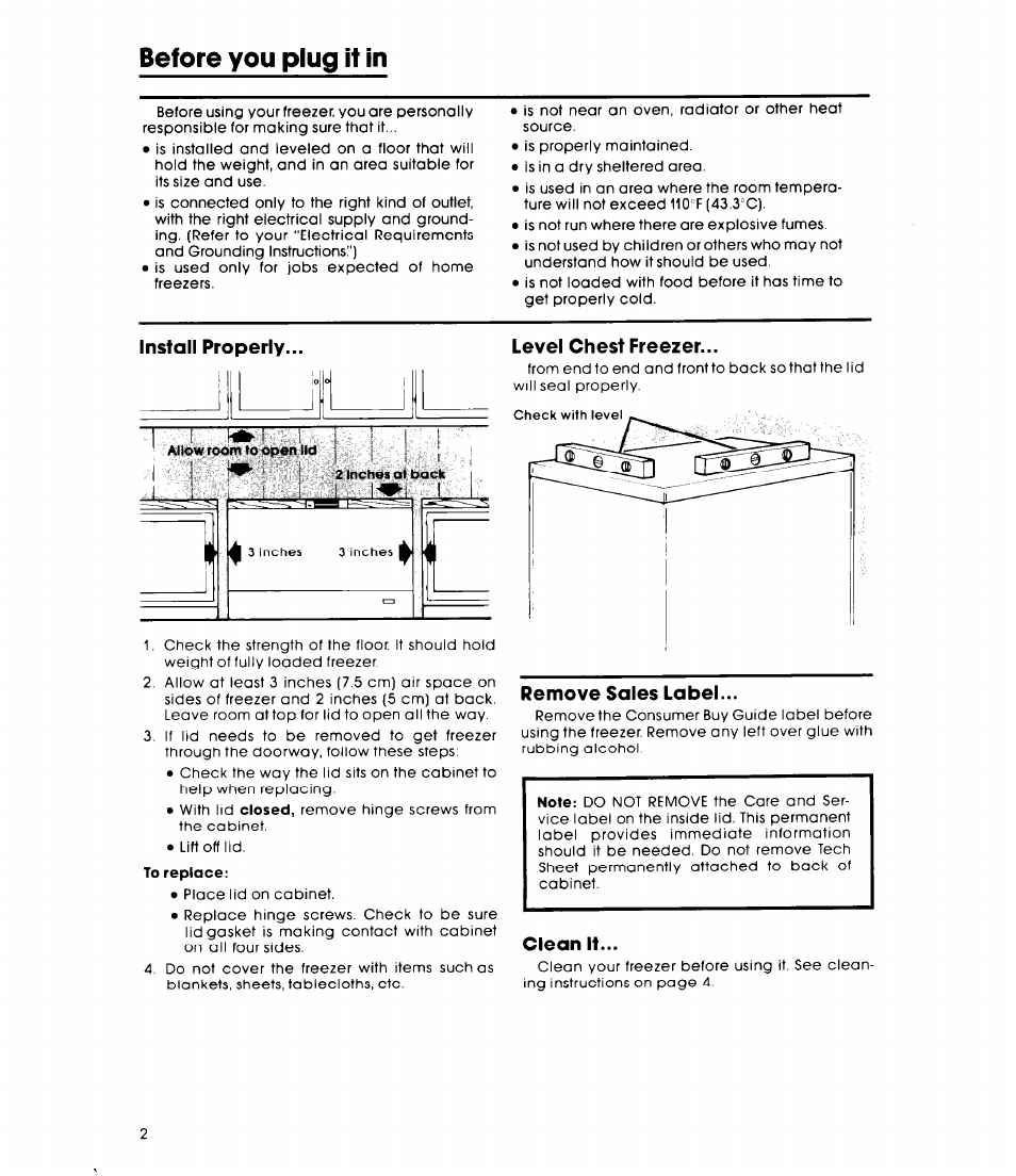 Before you plug it in, Level chest freezer, Remove sales label | Clean it, Install properly... level chest freezer | Whirlpool EHO60FXL User Manual | Page 2 / 8