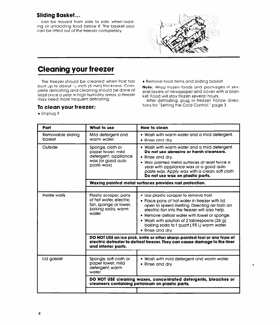 Sliding basket, Cleaning your freezer, To clean your freezer | Whirlpool EHO60FXL User Manual | Page 4 / 8