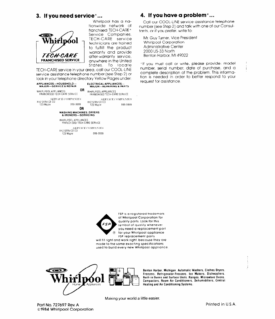 If you need service, Vwrip2)l, If you have a problem | Vhirlp<wl | Whirlpool EHO60FXL User Manual | Page 8 / 8