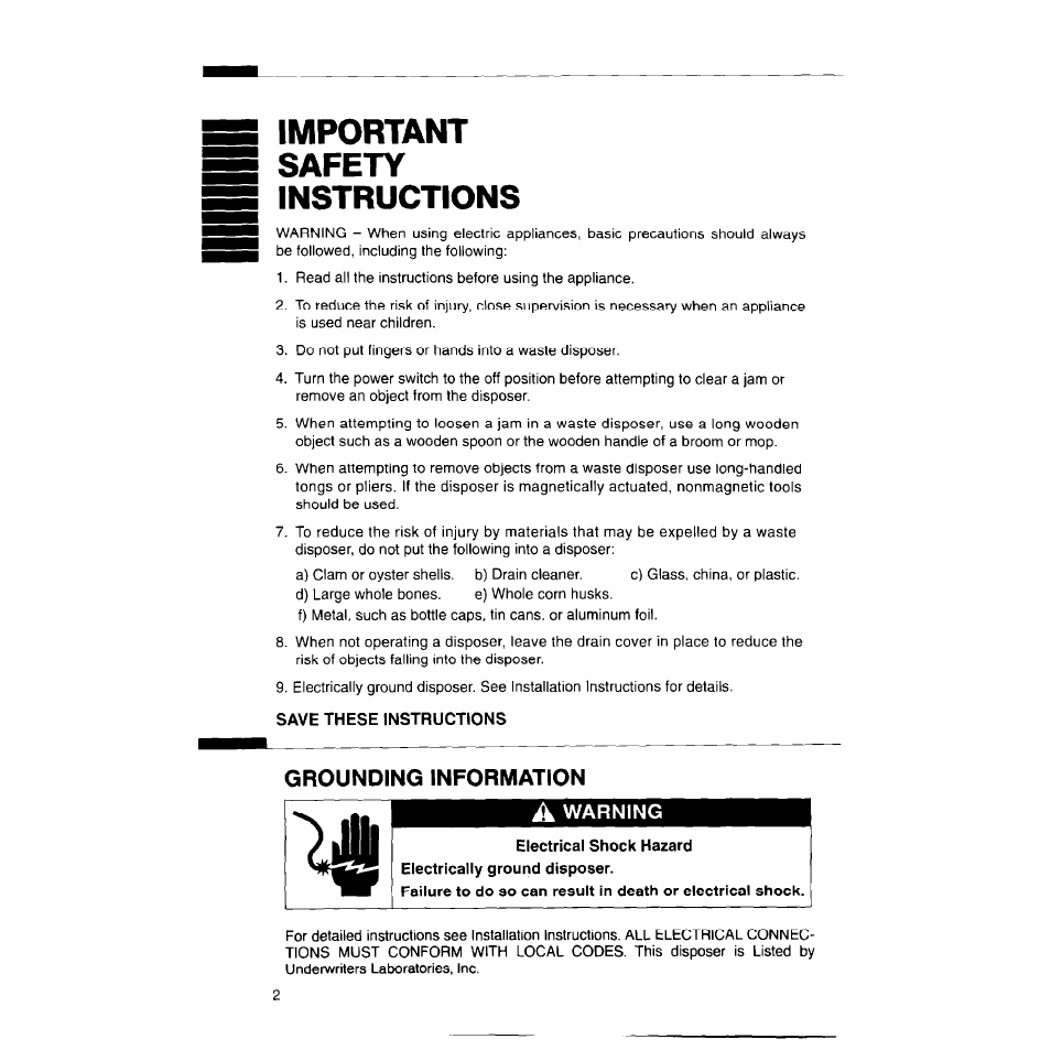 Save these instructions, A warning, Important safety instructions | Grounding information | Whirlpool GCI 000 User Manual | Page 2 / 8