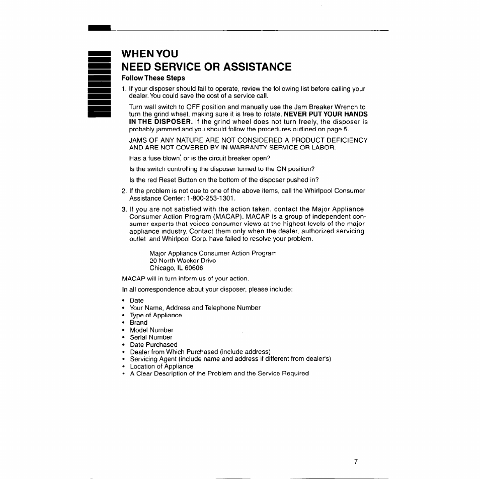 When you need service or assistance | Whirlpool GCI 000 User Manual | Page 7 / 8