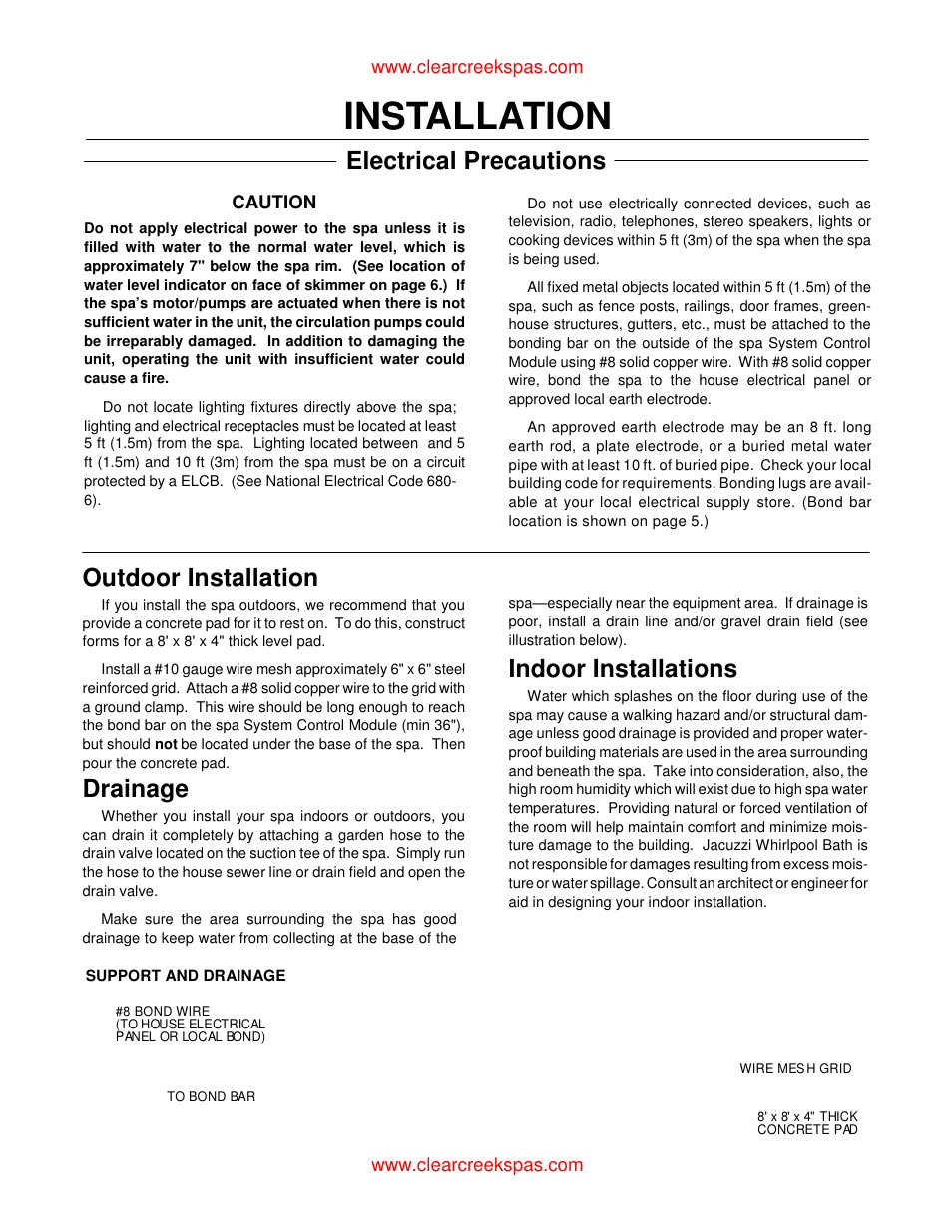 Installation, Electrical precautions, Outdoor installation | Drainage, Indoor installations | Whirlpool oortable spa User Manual | Page 11 / 43