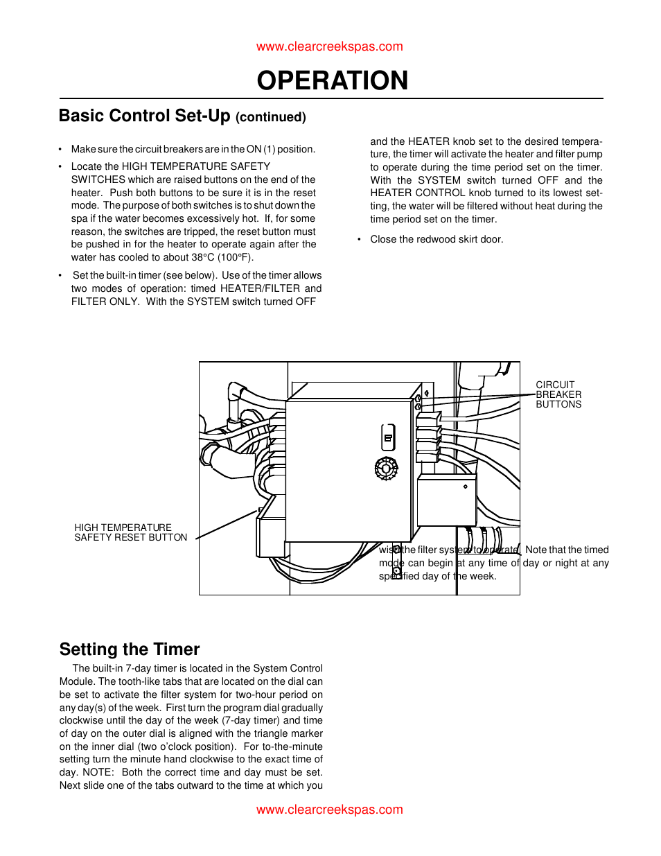 Operation, Basic control set-up, Setting the timer | Whirlpool oortable spa User Manual | Page 17 / 43