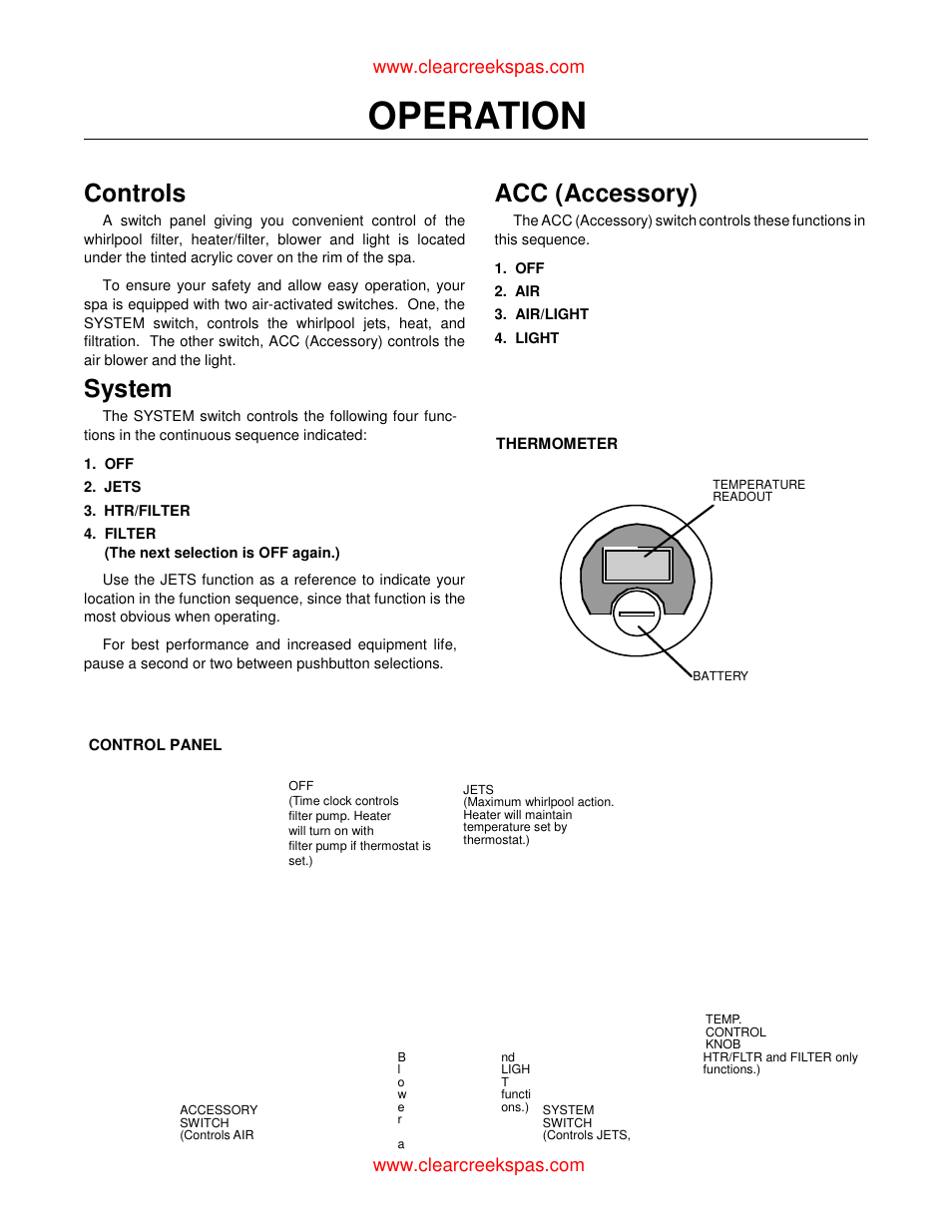 Operation, Controls, System | Acc (accessory) | Whirlpool oortable spa User Manual | Page 19 / 43