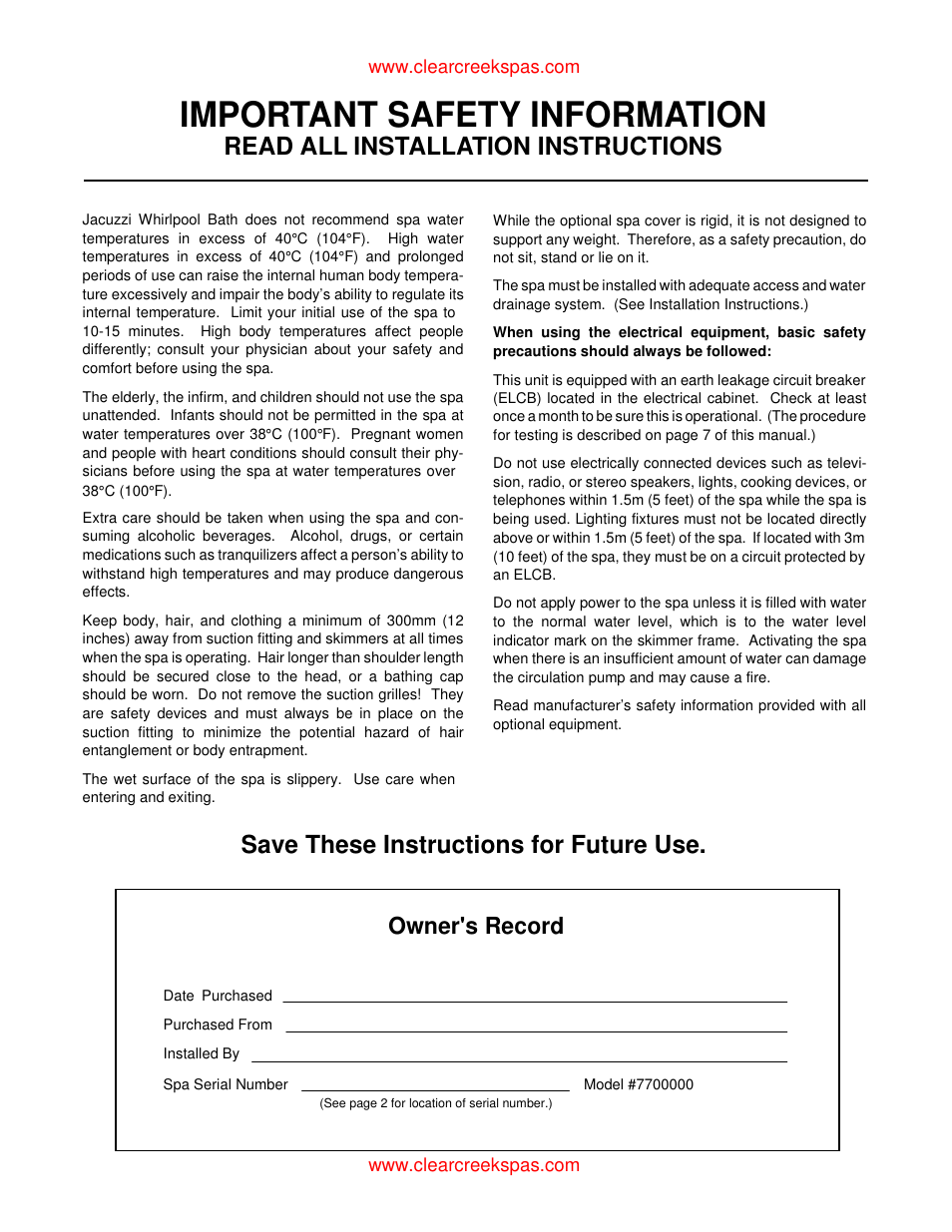 Important safety information, Read all installation instructions, Save these instructions for future use | Owner's record | Whirlpool oortable spa User Manual | Page 2 / 43
