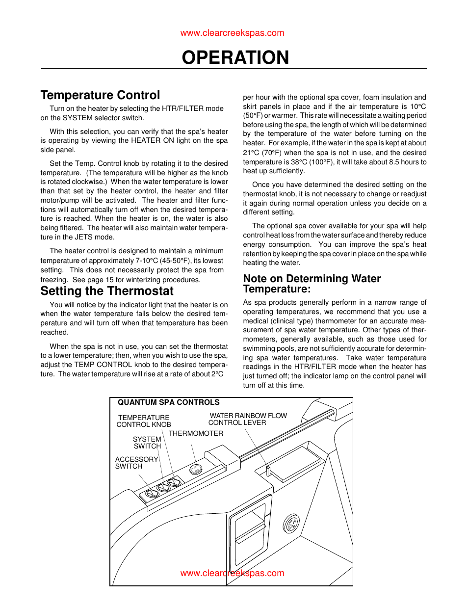 Operation, Temperature control, Setting the thermostat | Whirlpool oortable spa User Manual | Page 21 / 43