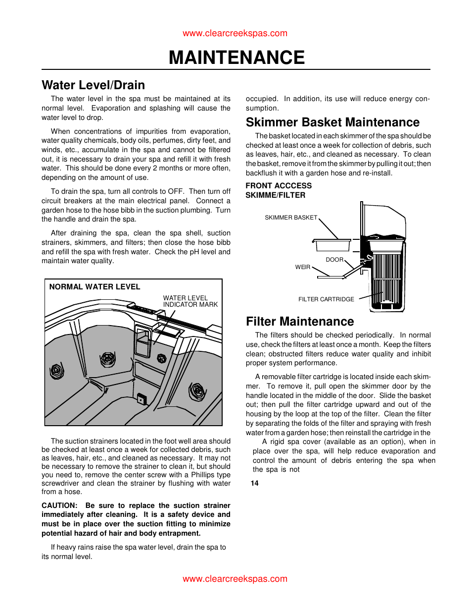 Maintenance, Water level/drain, Skimmer basket maintenance | Filter maintenance | Whirlpool oortable spa User Manual | Page 29 / 43