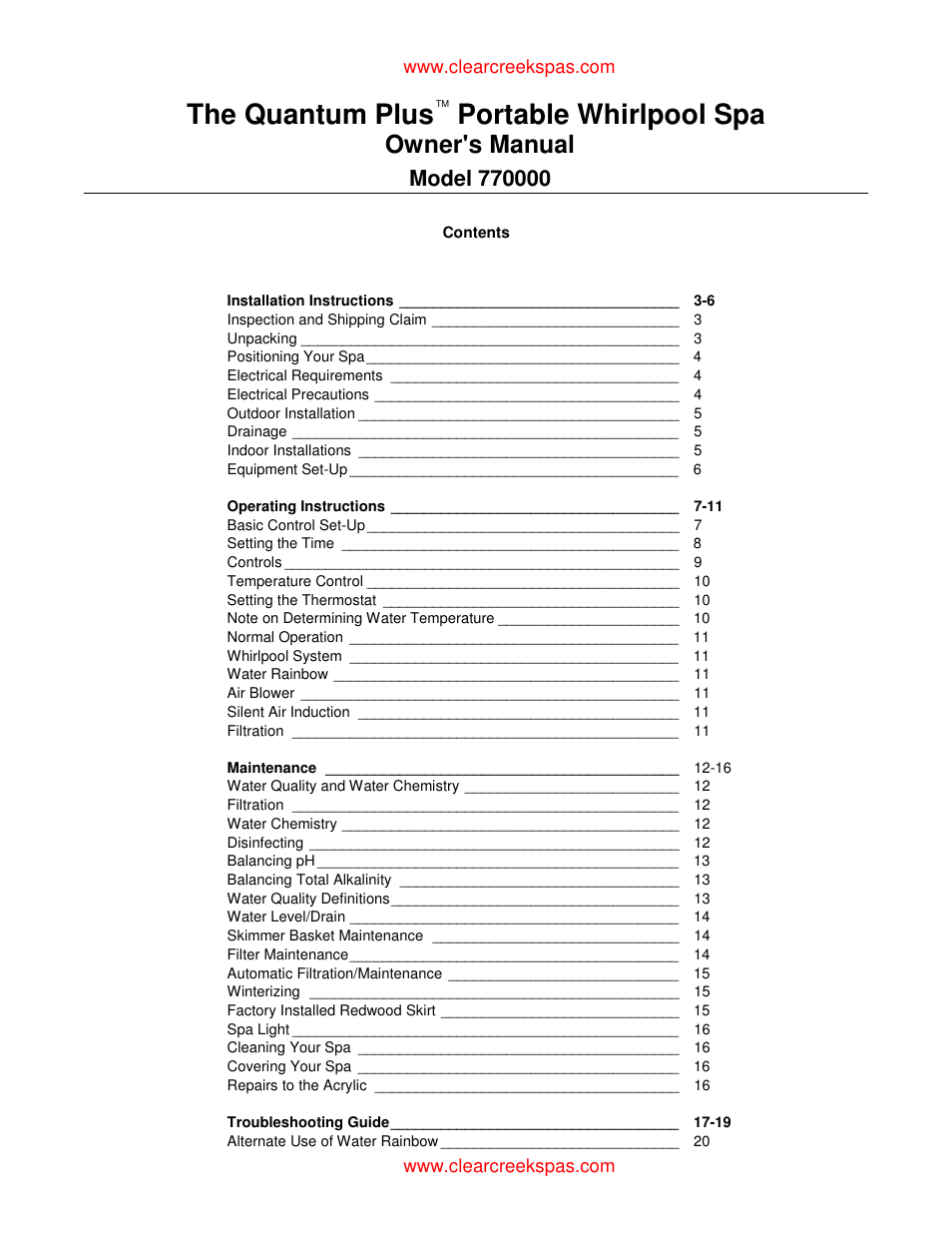 The quantum plus portable whirlpool spa, Owner's manual | Whirlpool oortable spa User Manual | Page 3 / 43