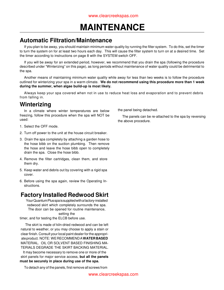 Maintenance, Automatic filtration/maintenance, Winterizing | Factory installed redwood skirt | Whirlpool oortable spa User Manual | Page 31 / 43