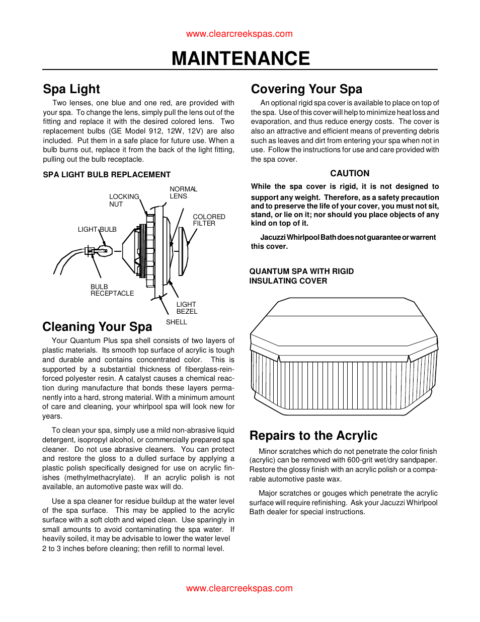 Maintenance, Spa light, Covering your spa | Cleaning your spa, Repairs to the acrylic | Whirlpool oortable spa User Manual | Page 33 / 43