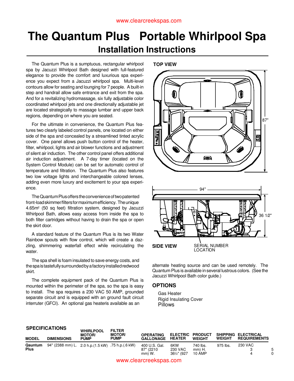 The quantum plus portable whirlpool spa, Installation instructions | Whirlpool oortable spa User Manual | Page 5 / 43