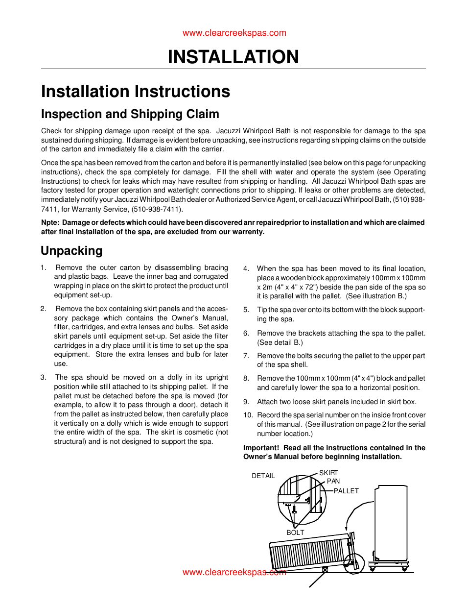 Installation, Installation instructions, Inspection and shipping claim | Unpacking | Whirlpool oortable spa User Manual | Page 7 / 43
