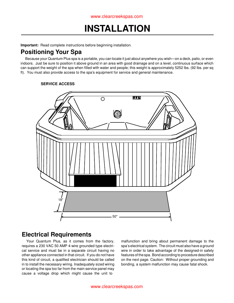 Installation, Positioning your spa, Electrical requirements | Whirlpool oortable spa User Manual | Page 9 / 43
