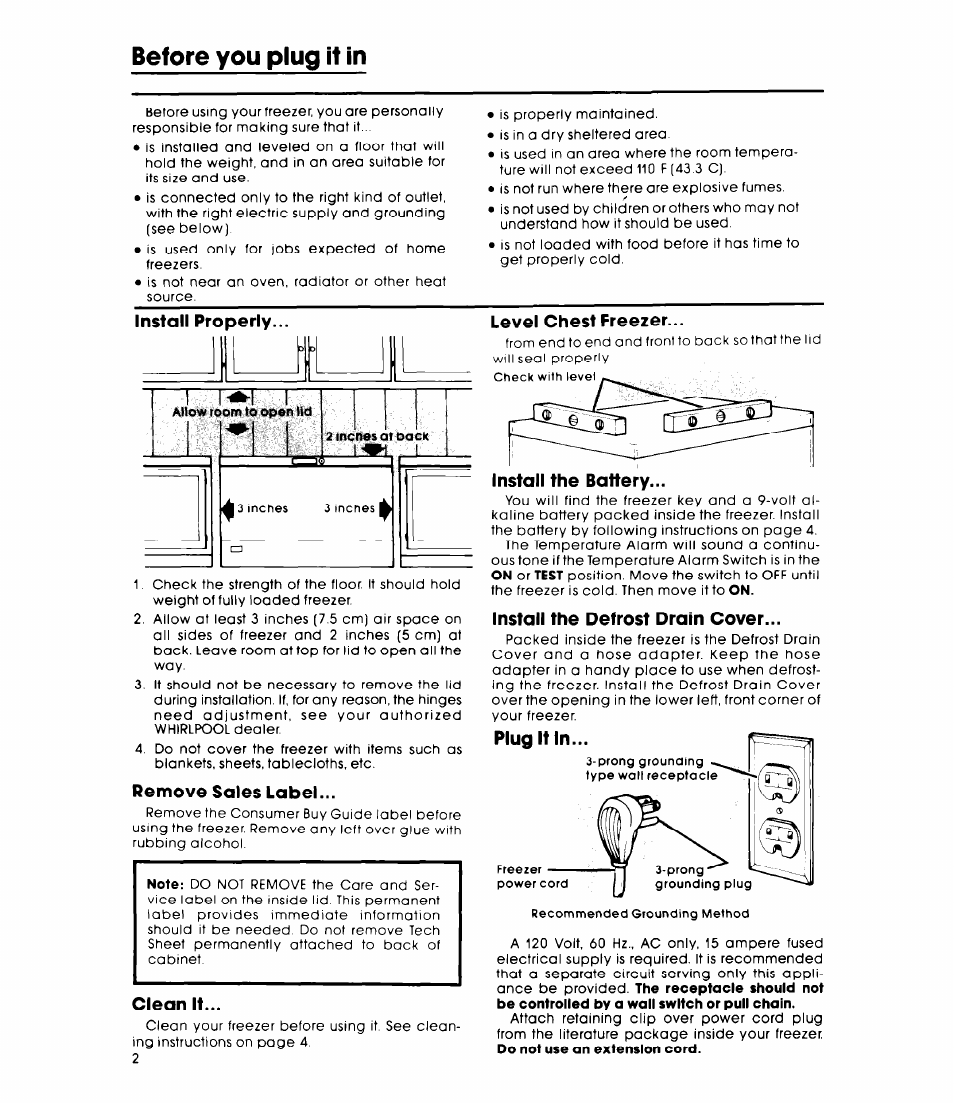 Before you plug it in, Install properly, Remove sales label | Clean it, Install the battery, Install the defrost drain cover, Plug it in, Level chest freezer | Whirlpool EH18VSXL User Manual | Page 2 / 8