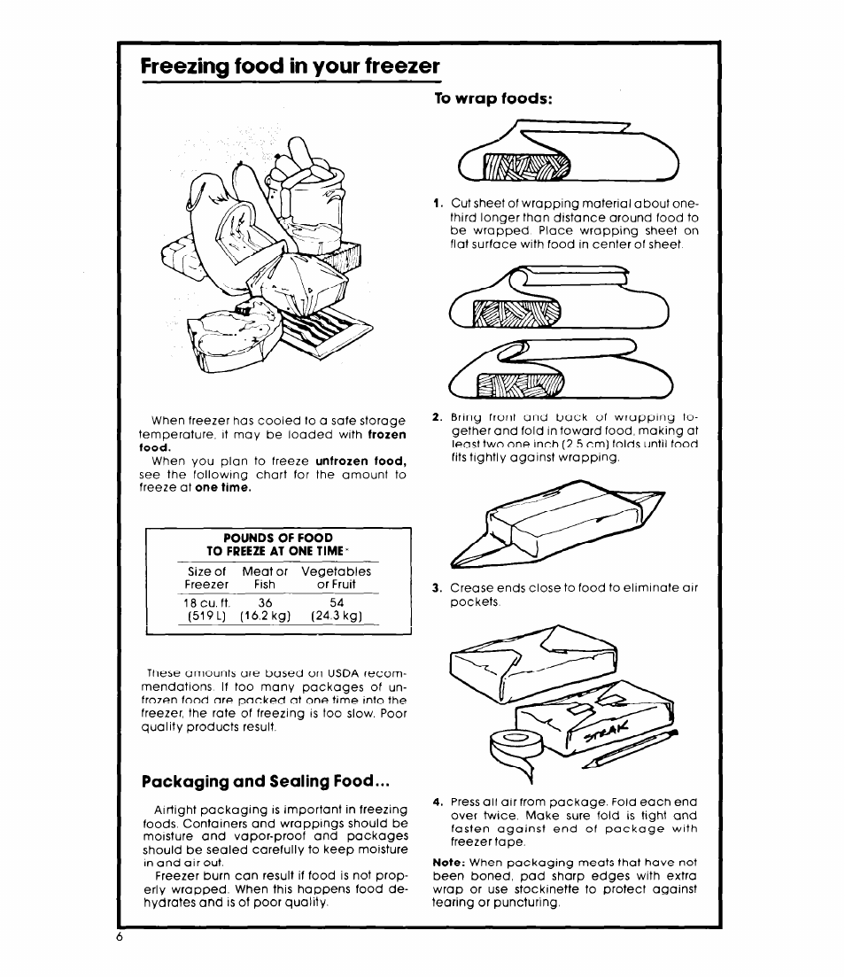 Freezing food in your freezer, Packaging and sealing food, To wrap foods | Whirlpool EH18VSXL User Manual | Page 6 / 8