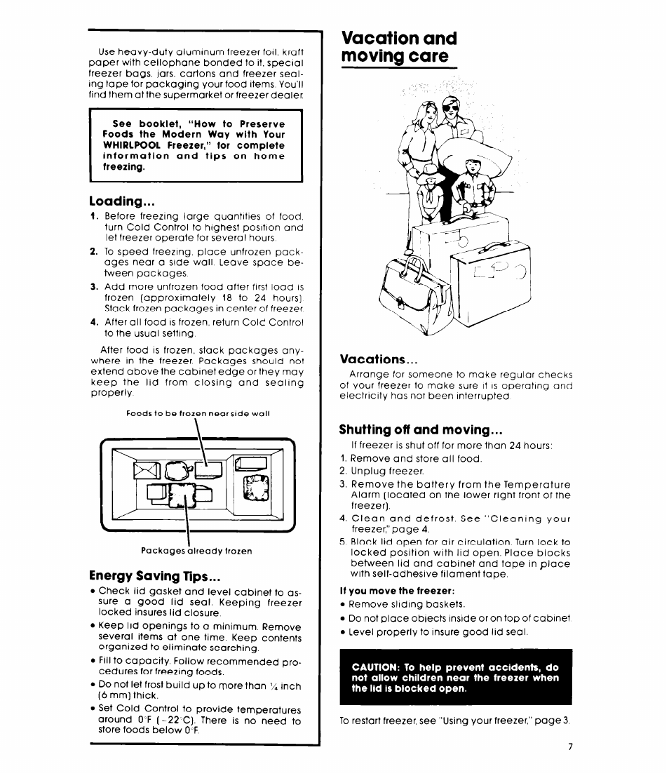 Loading, Energy saving tips, Vacation and moving care | Vacations, Shutting off and moving | Whirlpool EH18VSXL User Manual | Page 7 / 8