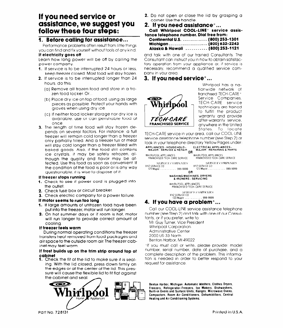 Before calling for assistance, If you need assistance, If you need service | If you have a problem, Vwrip^l, Lliridool, Rfc^-ga^f | Whirlpool EH18VSXL User Manual | Page 8 / 8