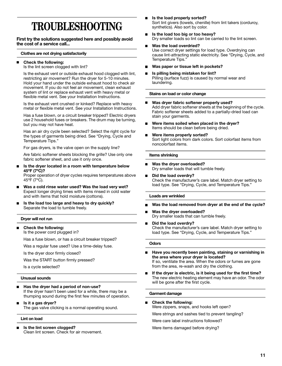 Troubleshooting | Whirlpool GEQ8821KQ0 User Manual | Page 11 / 28
