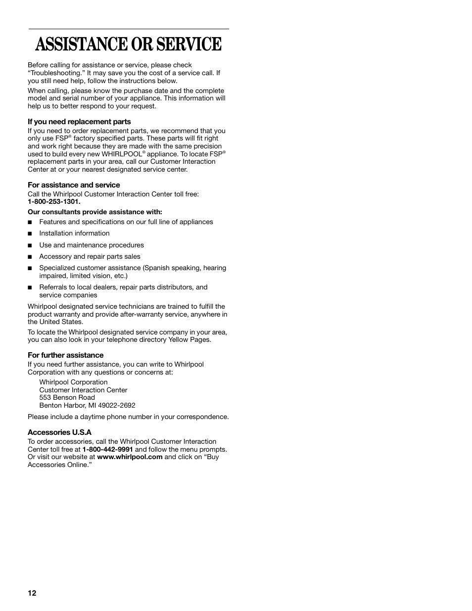 Assistance or service | Whirlpool GEQ8821KQ0 User Manual | Page 12 / 28