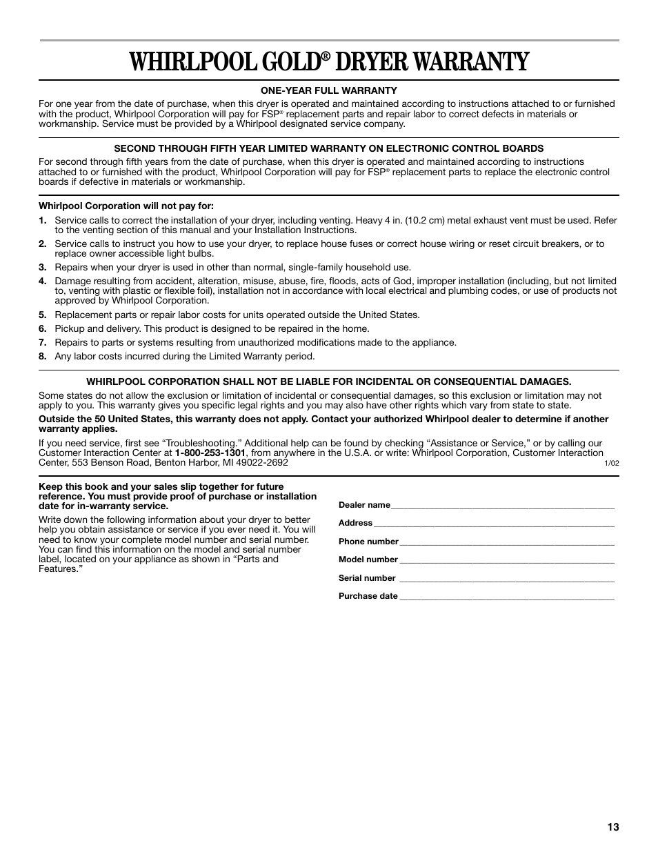 Warranty, Whirlpool gold, Dryer warranty | Whirlpool GEQ8821KQ0 User Manual | Page 13 / 28