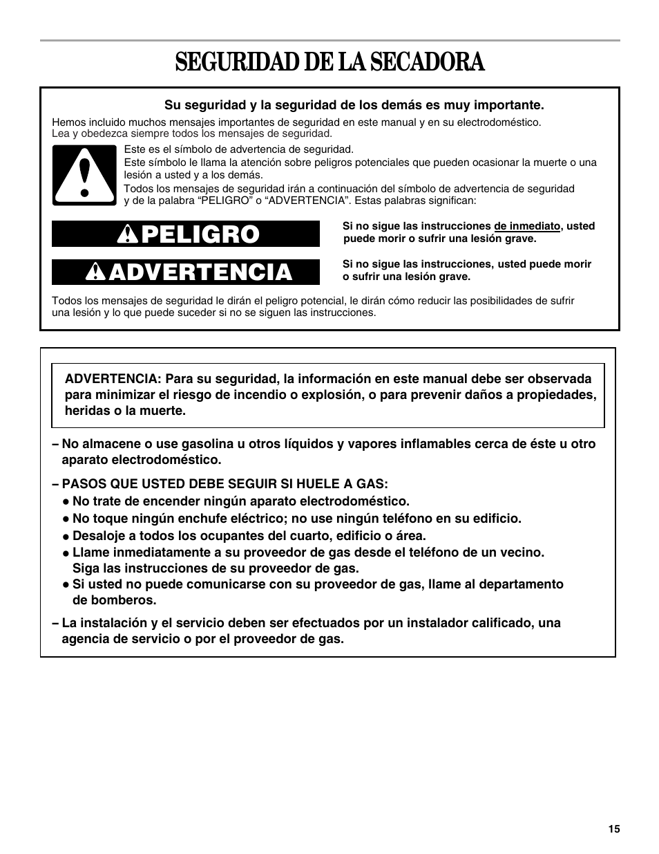 Spanish version, Seguridad de la secadora, Peligro | Advertencia | Whirlpool GEQ8821KQ0 User Manual | Page 15 / 28