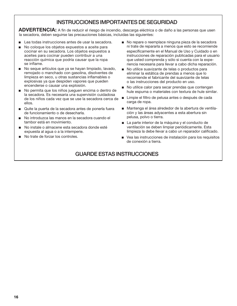 Instrucciones importantes de seguridad, Guarde estas instrucciones, Advertencia | Whirlpool GEQ8821KQ0 User Manual | Page 16 / 28