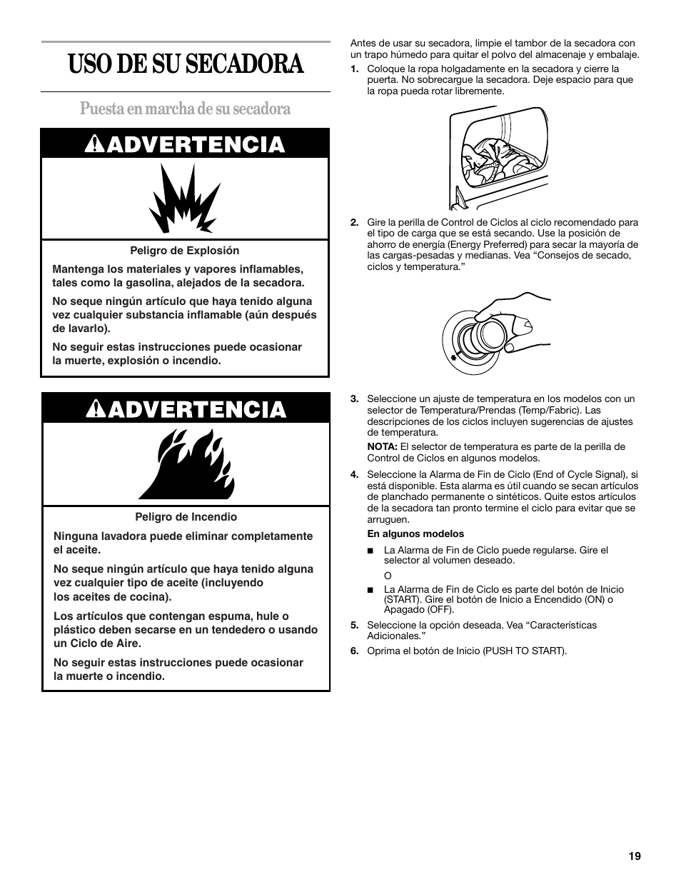 Uso de su secadora, Puesta en marcha de su secadora | Whirlpool GEQ8821KQ0 User Manual | Page 19 / 28