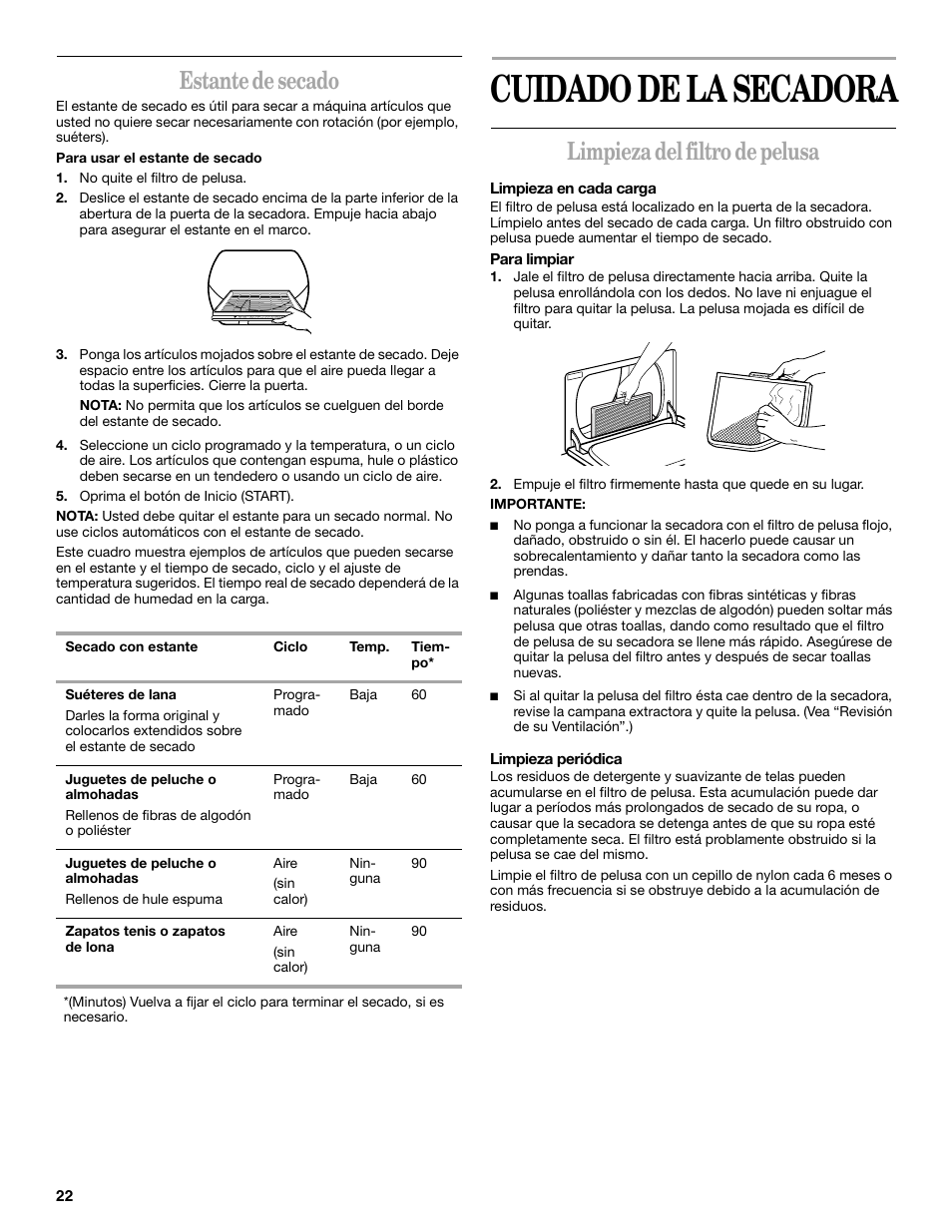 Cuidado de la secadora, Estante de secado, Limpieza del filtro de pelusa | Whirlpool GEQ8821KQ0 User Manual | Page 22 / 28