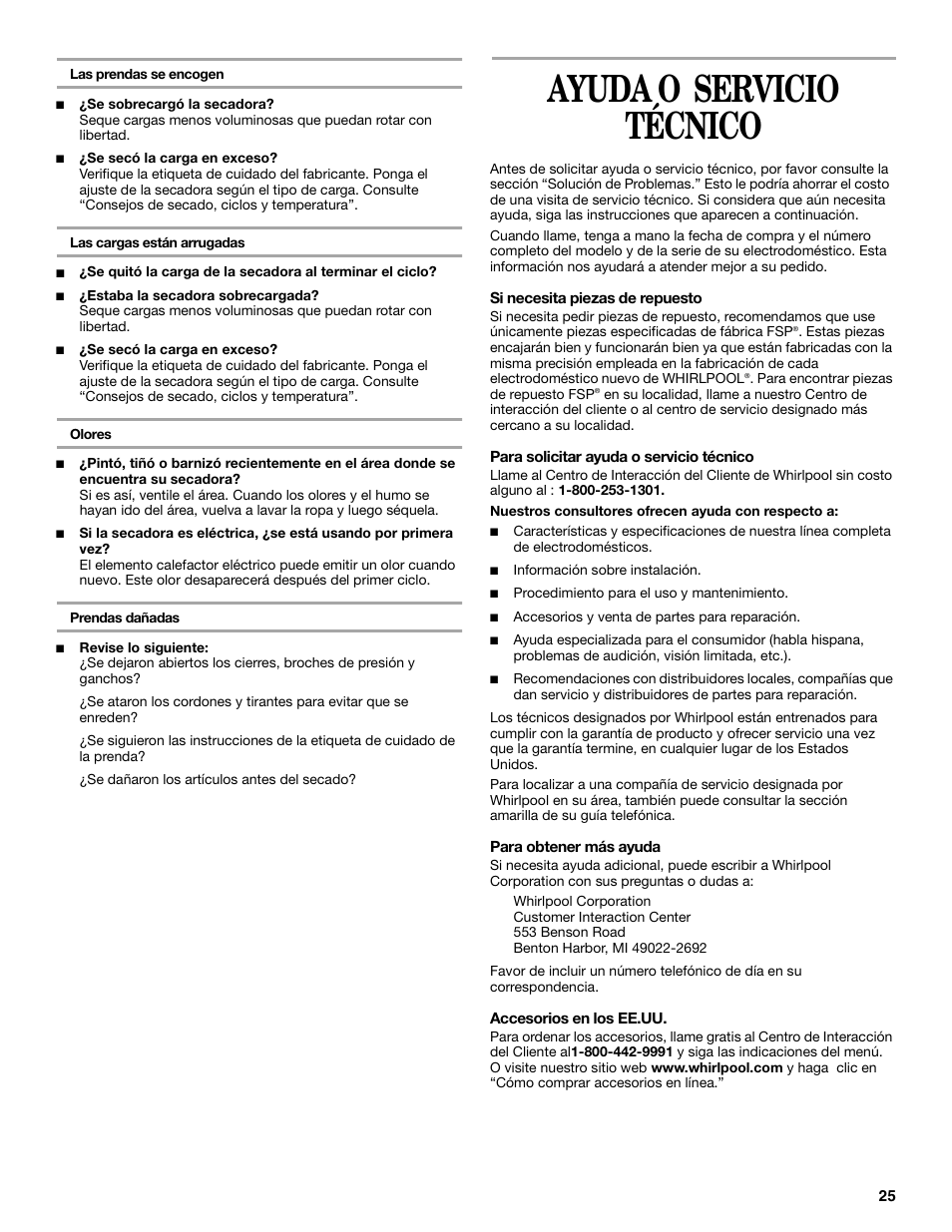 Ayuda o servicio, Ayuda o servicio técnico | Whirlpool GEQ8821KQ0 User Manual | Page 25 / 28