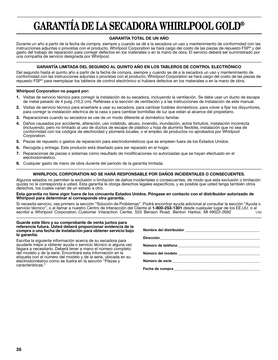 Garantía, Garantía de la secadora whirlpool gold | Whirlpool GEQ8821KQ0 User Manual | Page 26 / 28