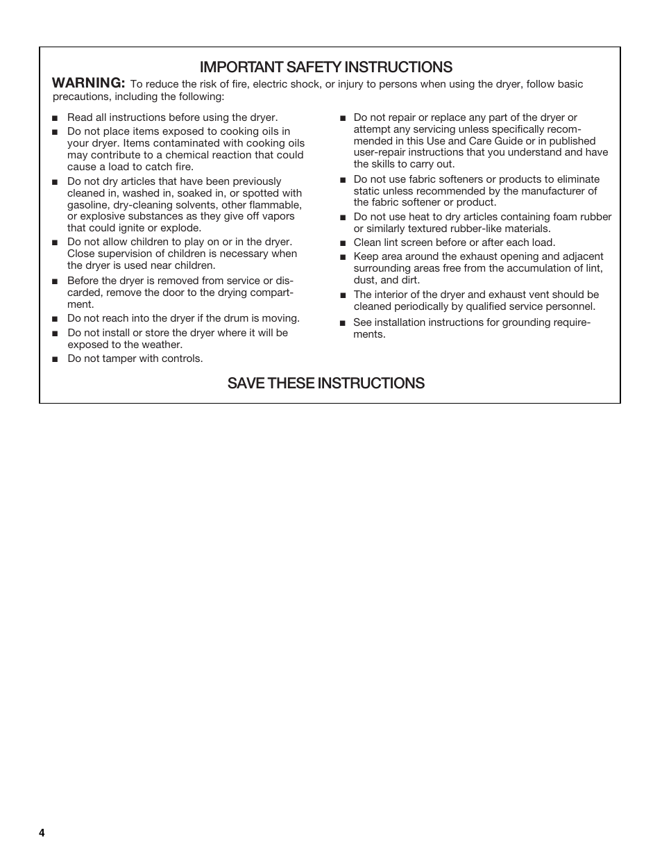 Important safety instructions, Save these instructions, Warning | Whirlpool GEQ8821KQ0 User Manual | Page 4 / 28