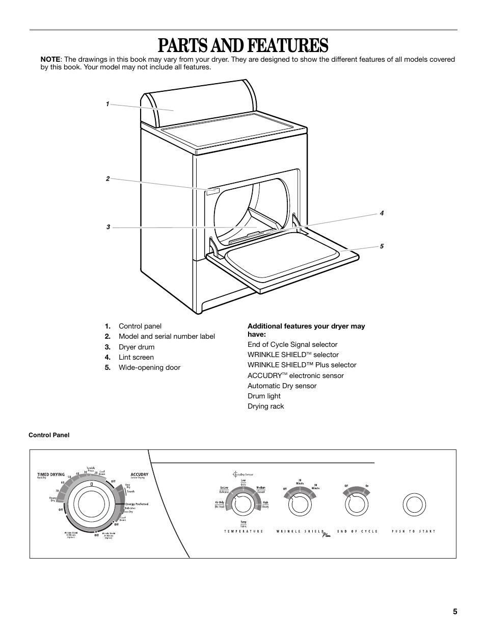 Parts and features | Whirlpool GEQ8821KQ0 User Manual | Page 5 / 28