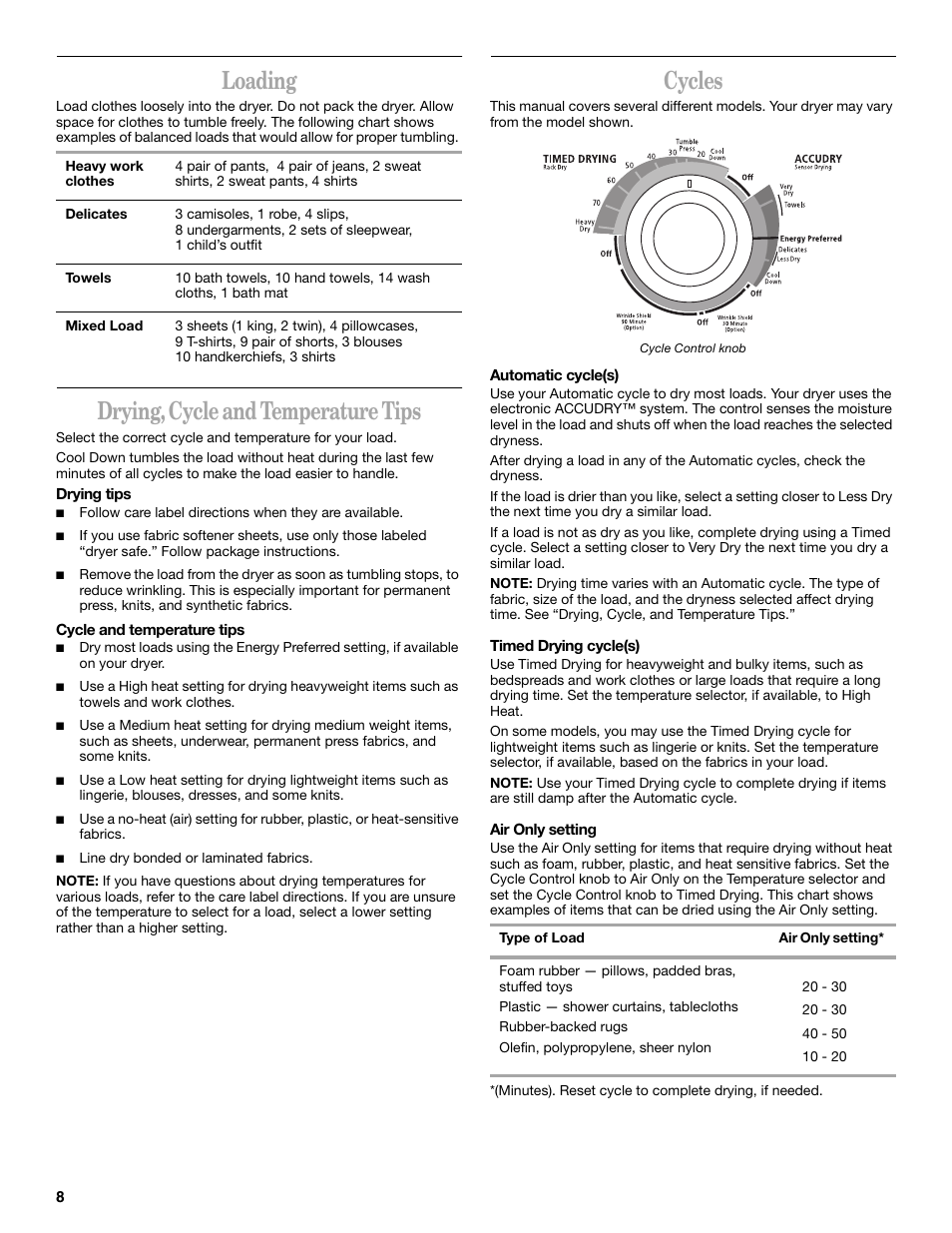 Loading, Drying, cycle and temperature tips, Cycles | Whirlpool GEQ8821KQ0 User Manual | Page 8 / 28