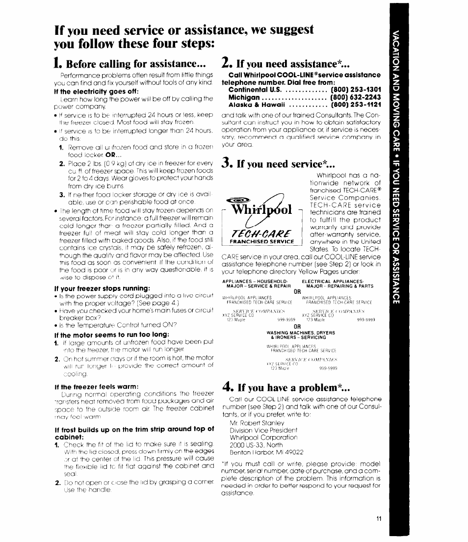 Before ealling for assistanee, If the freezer feels warm, If you need assistance | If you need service, If you have a problem, Whirlimjol | Whirlpool EH23EFX User Manual | Page 11 / 12