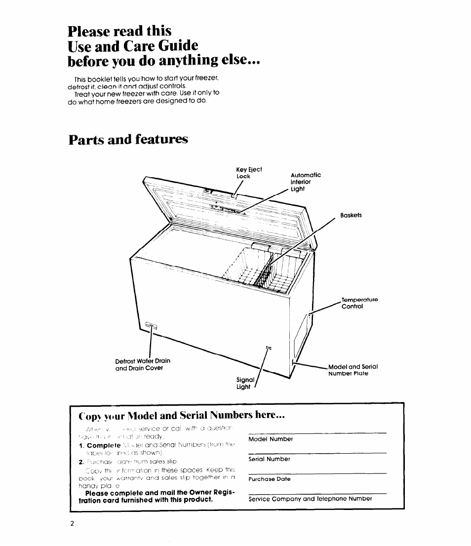 Please read this, Use and care guide, Before you do anything else | Parts and features, C opy yourmodel and serial numbers here | Whirlpool EH23EFX User Manual | Page 2 / 12