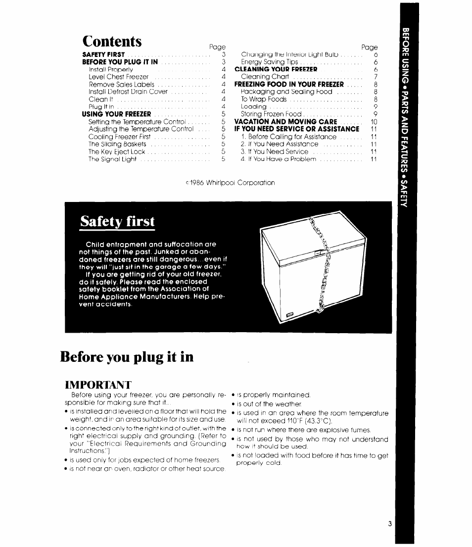 Important, Contents p„e, Safety first | Before you plug it in | Whirlpool EH23EFX User Manual | Page 3 / 12