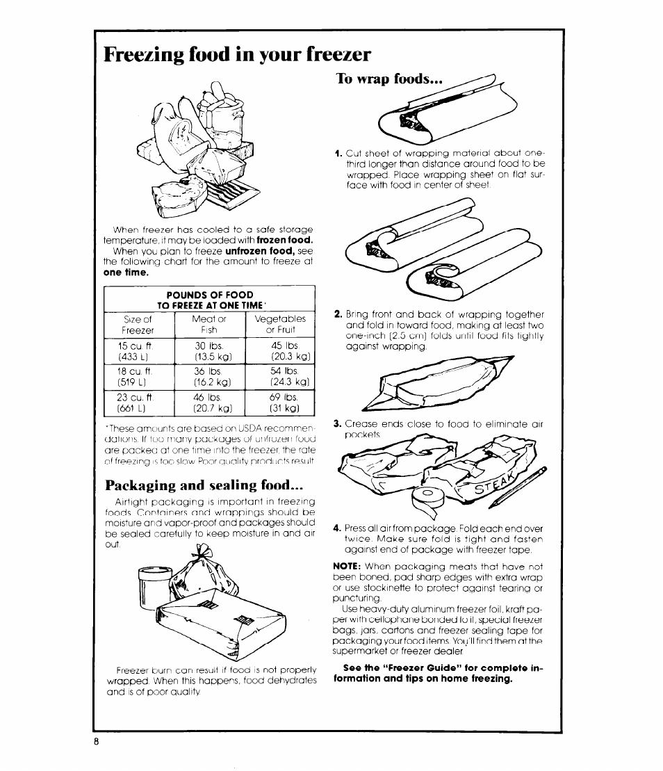 Freezing food in your freezer, To wrap foods, Packaging and sealing food | Whirlpool EH23EFX User Manual | Page 8 / 12