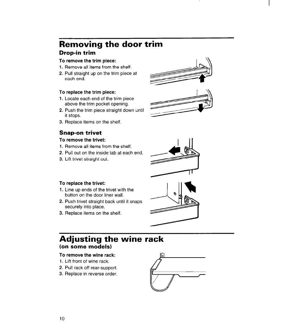 Removing the door trim, Drop-in trim, Snap-on trivet | Adjusting the wine rack, On some models) | Whirlpool 3VED23DQDW00 User Manual | Page 11 / 33