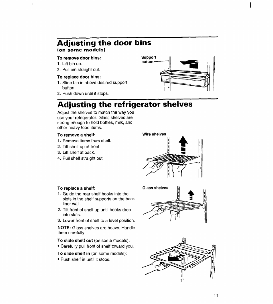 Adjusting the refrigerator shelves, Adjusting the door bins | Whirlpool 3VED23DQDW00 User Manual | Page 12 / 33