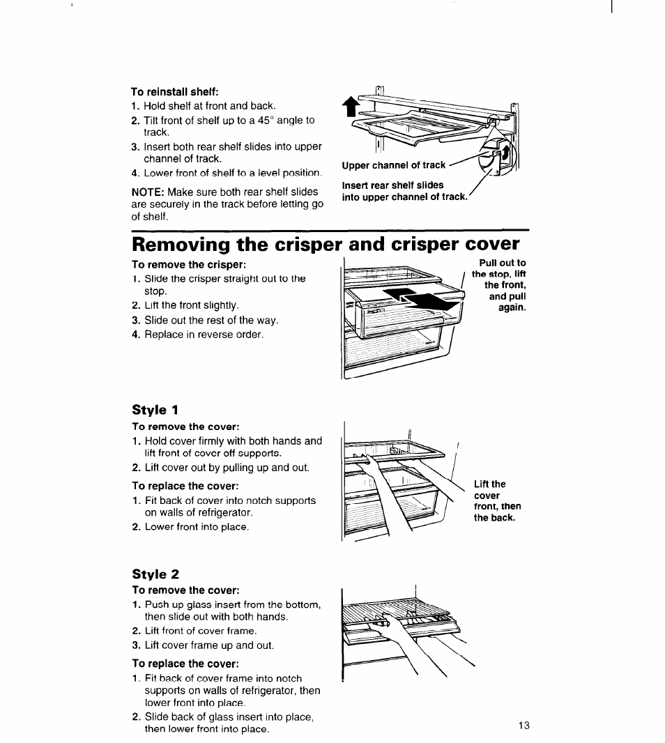 Removing the crisper and crisper cover, Style 1, Style 2 | Removing the crisper and, Crisper cover | Whirlpool 3VED23DQDW00 User Manual | Page 14 / 33