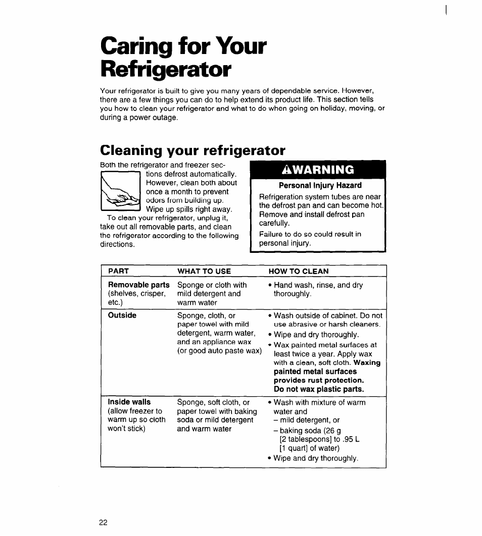 Caring for your refrigerator, Cleaning your refrigerator, Awarning | Whirlpool 3VED23DQDW00 User Manual | Page 23 / 33