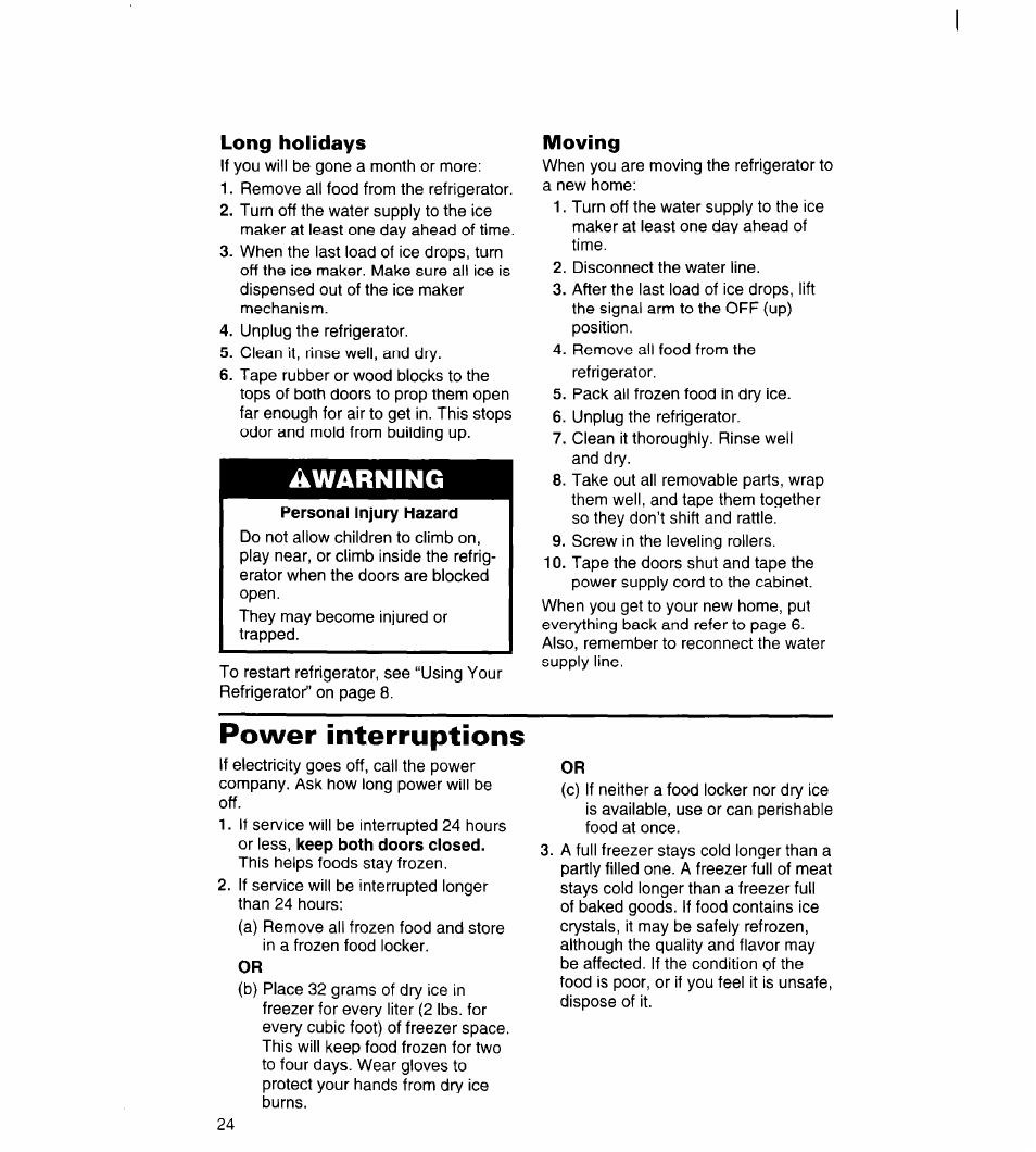 Long holidays, Moving, Power interruptions | Awarning | Whirlpool 3VED23DQDW00 User Manual | Page 25 / 33