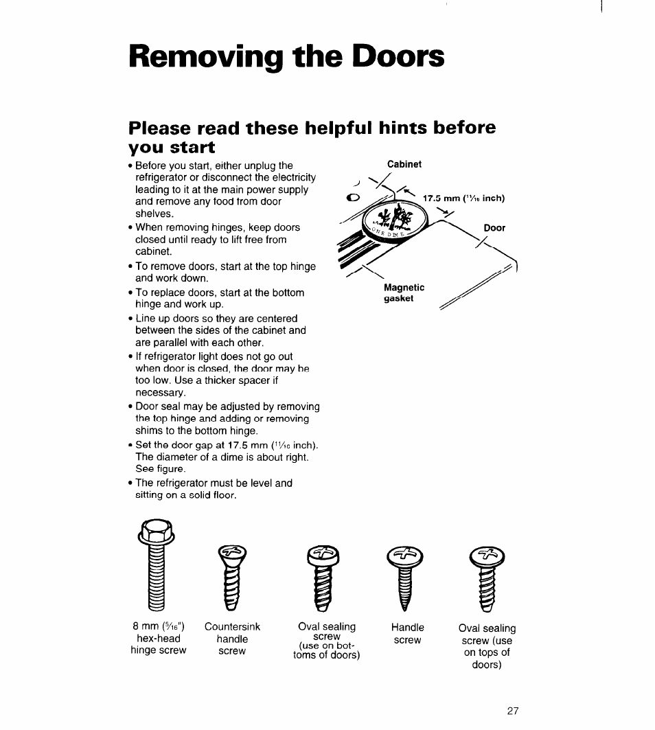 Removing the doors, Please read these helpful hints before you start | Whirlpool 3VED23DQDW00 User Manual | Page 28 / 33