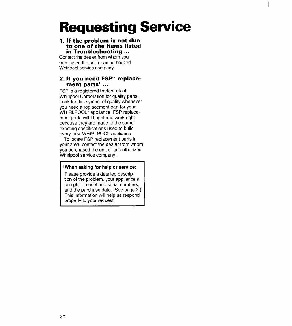 Requesting service, If you need fsp* replacement parts | Whirlpool 3VED23DQDW00 User Manual | Page 31 / 33