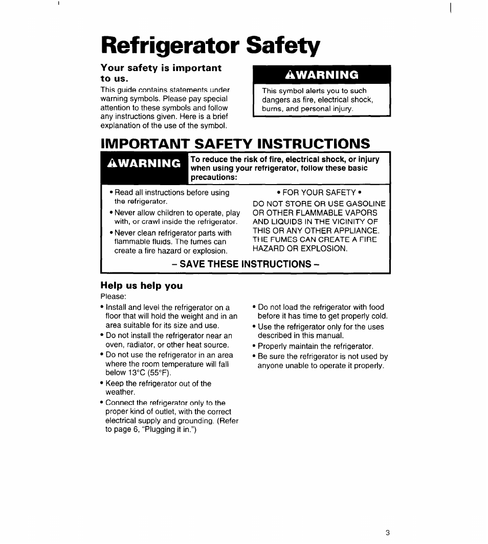 Refrigerator safety, Your safety is important to us, Important safety instructions | Save these instructions, Help us help you, Awarning | Whirlpool 3VED23DQDW00 User Manual | Page 4 / 33