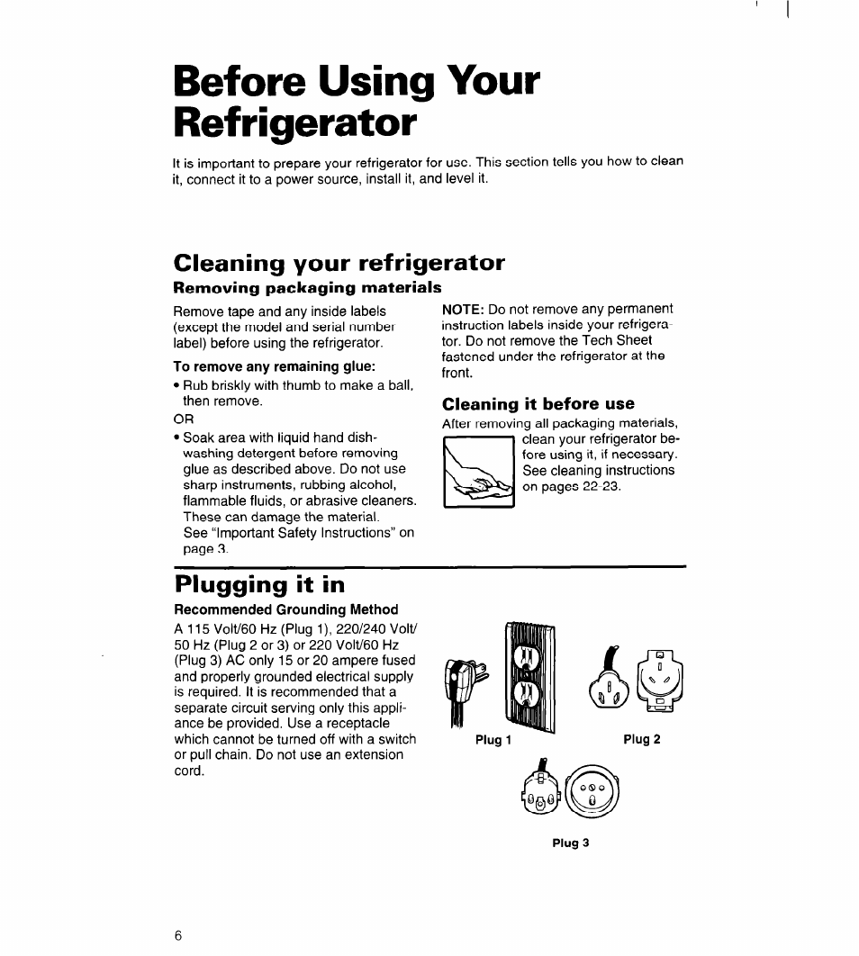 Before using your refrigerator, Cleaning your refrigerator, Removing packaging materials | Cleaning it before use, Plugging it in | Whirlpool 3VED23DQDW00 User Manual | Page 7 / 33