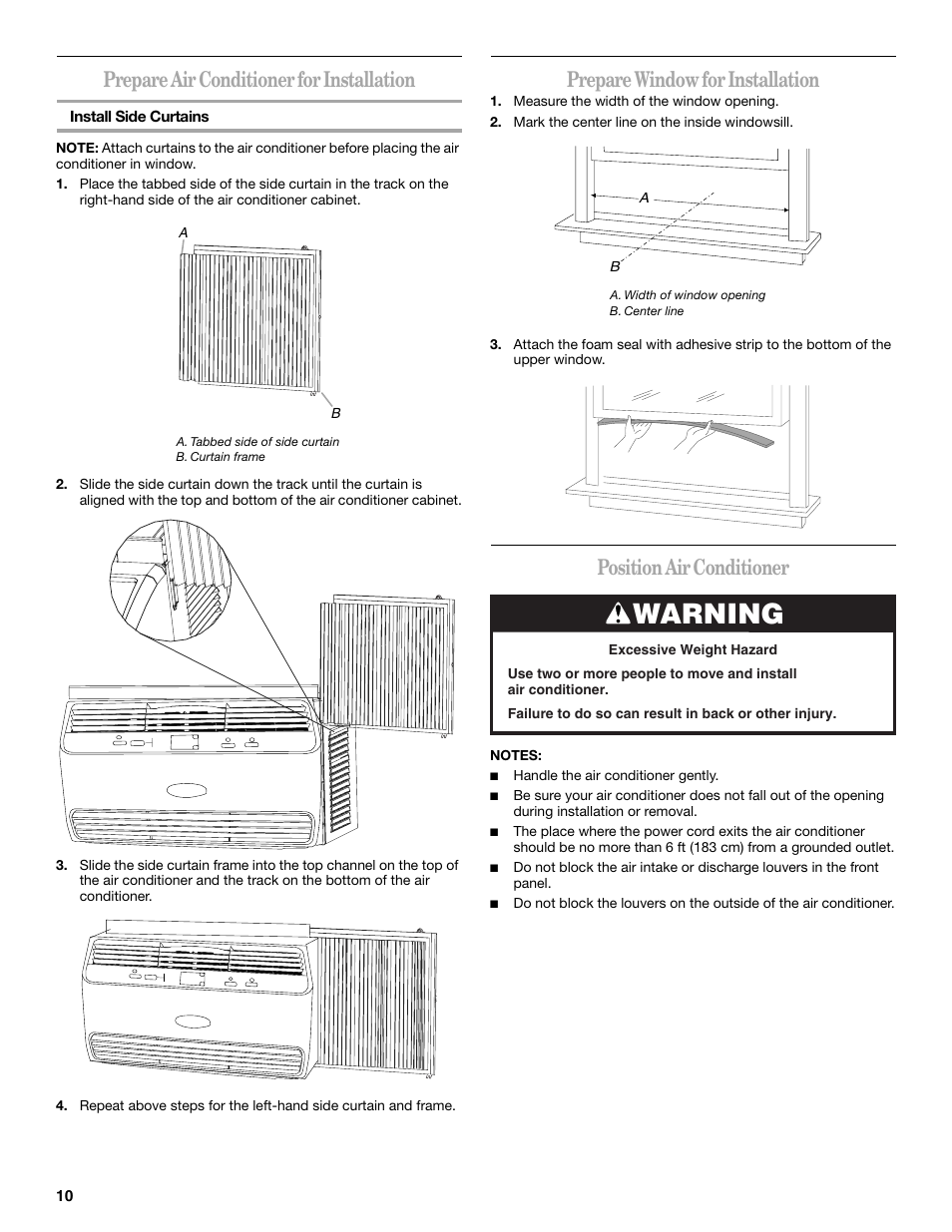 Warning, Prepare air conditioner for installation, Prepare window for installation | Position air conditioner | Whirlpool 66161279 User Manual | Page 10 / 60